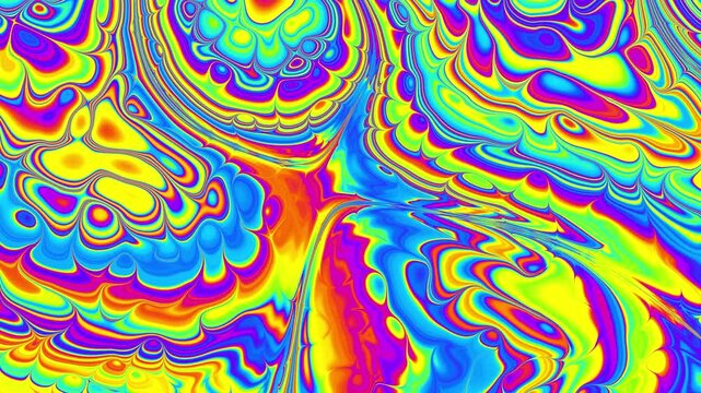 abstract trippy psychedelic animation. Bright Acid Rainbow Colors, wavy pattern. 4k loopable background. Hippie style. Liquid marble wave effect stock