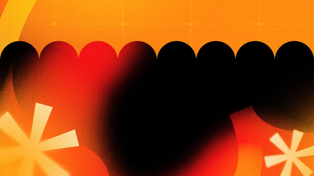 Deep dark orange circle wave shapes with orange background grid and asterisk element. Abstract illustration background with noisy or grainy texture effect.