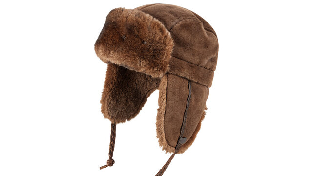 Cozy brown faux fur trapper hat winter ushanka aviator cap isolated on transparent background.