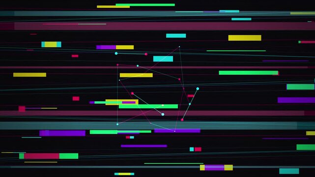 Vibrant Digital Glitch Background with Horizontal Neon Stripes and Techno Network Elements Inspired by Abstract Motion Graphics