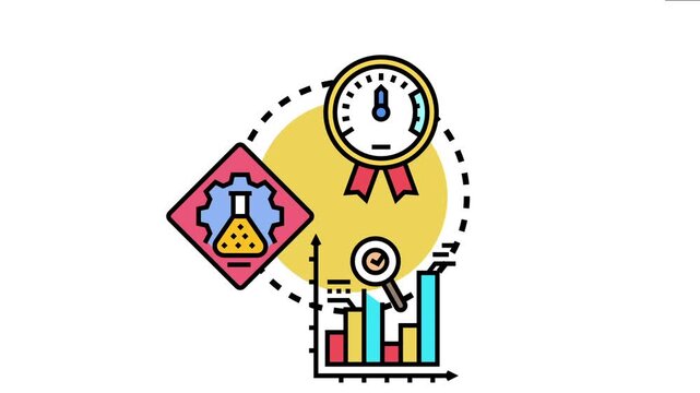Project concept displaying a speedometer with a ribbon, a beaker within a gear, and a bar chart with a magnifying glass, depicting ongoing progress, planning, and statistical reporting