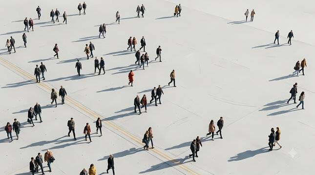 People Walking on Snowy Landscape. Aerial View of Tourists Exploring a Vast White Snowfield. Winter Travel and Outdoor Recreation. Minimalist Realistic Photography