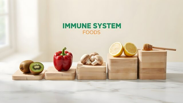 Immune system foods with kiwi pepper mushrooms lemon and honey on wooden blocks