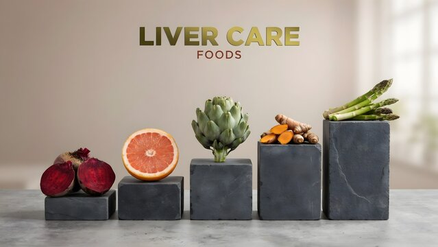 Liver care foods with fresh vegetables and fruits on dark stone pedestals