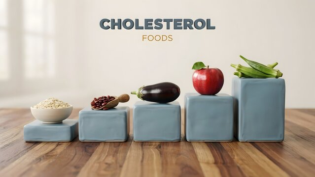 Cholesterol foods text with healthy ingredients on blue pedestals over wooden table