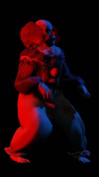 Creepy seamless vertical video of horror clown dancing. Funny Halloween background of a terror character isolated with copy space