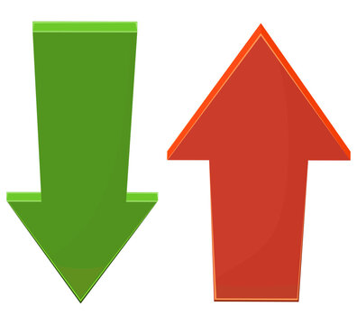 Illustration of market trends, economic recovery, price change, and business performance comparison with green down arrow and red up arrow signs (cut out)