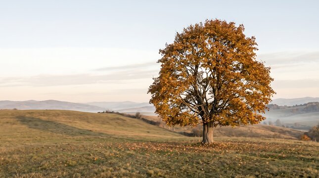 Solitary Golden Tree on Rolling Countryside Hills, Peaceful Autumn Landscape and Fall Background Images