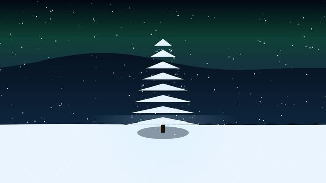 A minimalist geometric Christmas tree sits in a snowy field at night under a dark sky with falling snow flakes. This clean vector style animation provides a peaceful festive mood for winter holidays.
