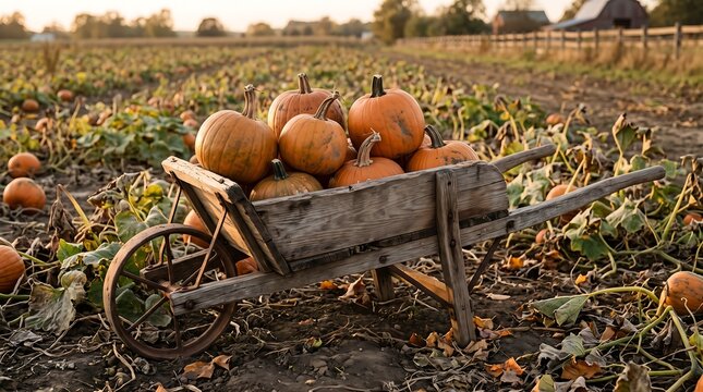 Rustic Wooden Wheelbarrow Filled with Pumpkins in an Autumn Field, Harvest and Fall Background Images
