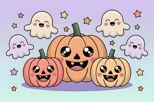 Cute kawaii halloween pumpkins and friendly ghosts cartoon art