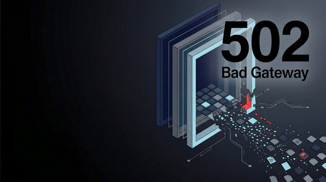 502 Bad Gateway error concept with broken network frame and leaking data