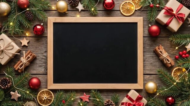 horizontal video of Christmas chalkboard with rustic holiday decorations on wooden surface.twinkling string lights, lush green pine sprigs. perfect for seasonal cards, festive promotions