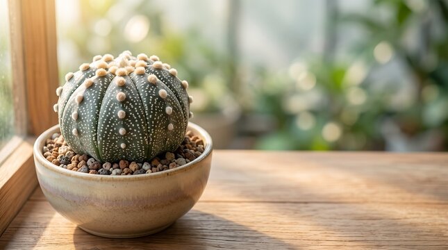 Potted Astrophytum asterias star cactus on sunny wooden windowsill with green bokeh and copy space background