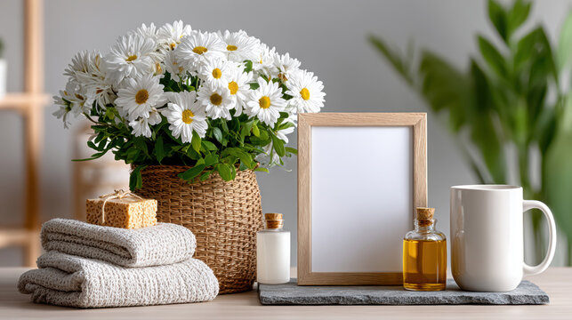 Spa and wellness product mockup with blank wooden frame, wicker vase of white daisies, folded towels, oil bottle and mug arranged for branding, packaging, lifestyle and catalog display