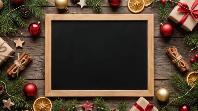 video flat lay of Christmas chalkboard with rustic holiday decorations on wooden surface.twinkling string lights, lush green pine sprigs. perfect for seasonal cards, festive promotions