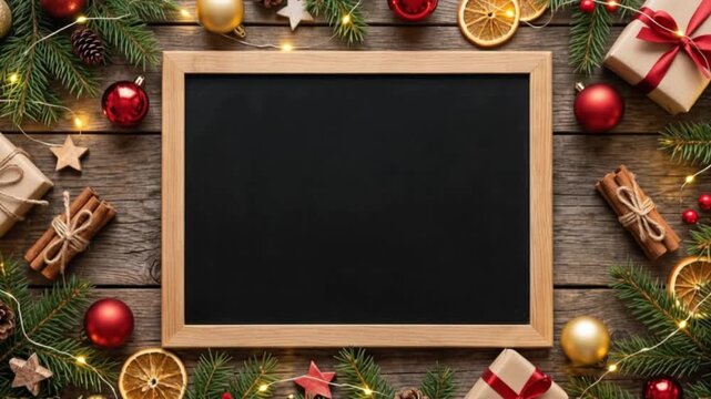 horizontal video flat lay of Christmas chalkboard with rustic holiday decorations on wooden surface.twinkling string lights, lush green pine sprigs. perfect for seasonal cards, festive promotions