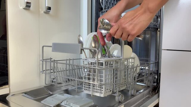 An open dishwasher after a wash cycle. Female hands check the cleanliness of the dishes. Household appliances, everyday routine