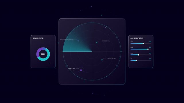 Futuristic High-Tech Data Visualization Dashboard UI with Circular Gauges and Analytics Charts on Dark Background