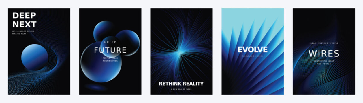 Futuristic Technology Conference Poster Collection vector with Blue Glowing Spheres, Abstract Light Trails and Modern Event Typography
