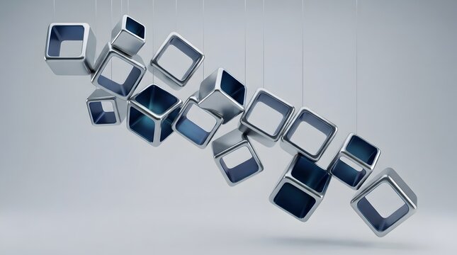 Abstract composition of floating metallic cubes with blue interior surfaces suspended by thin wires against a clean light grey background