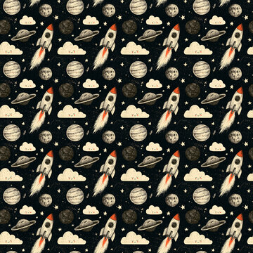 Repeating pattern of rocket ships, planets, stars and smiling clouds on dark space background. Seamless hand drawn design for childrens fabric and print. Outer space adventure theme.