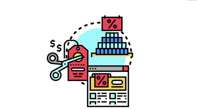 Promotional markdown concept visualizing price reduction and sales strategy, featuring decreasing inventory, cut price tags, and percentage discounts in online advertising