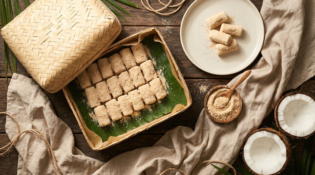 Overhead arrangement of traditional powdered Filipino rice cakes in a woven basket with coconut