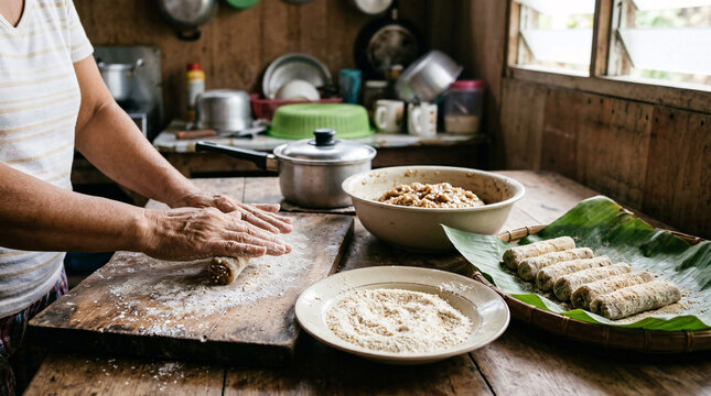 Woman hand shaping traditional Filipino rice cake rolls in a rustic home kitchen