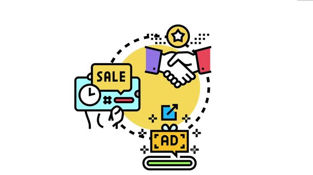 Business partners making a deal for promotional markdown offers while advertising sales on a smartphone and offering special bonuses and loyalty programs for customers