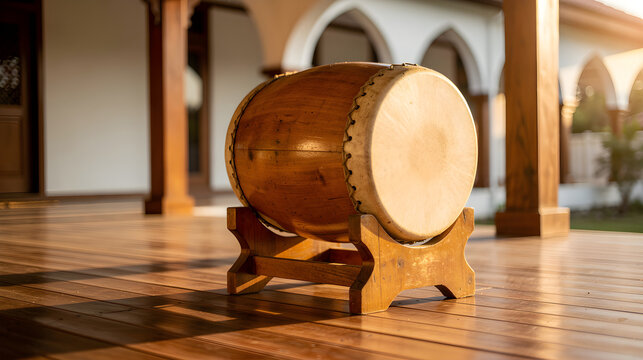Traditional Wooden Bedug Drum on Stand at Mosque Patio