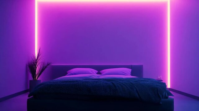 Modern bedroom with bed against neon framed wall. Interior design background and room mockup. Contemporary home decor. Purple and pink ambient lighting.