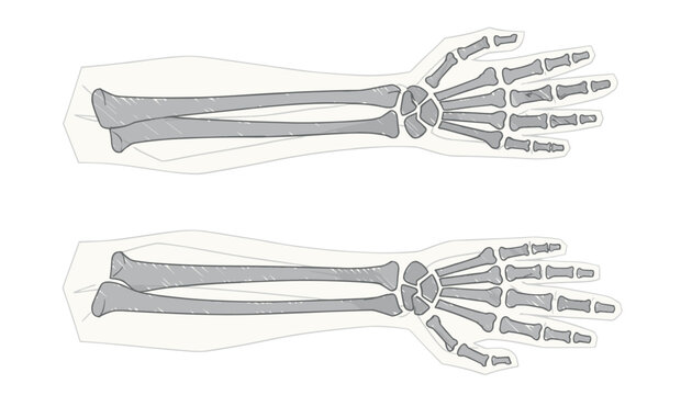 Anatomy illustration of human arm and hand bones showing skeletal structure with details on white background.