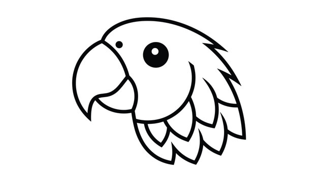 Minimalist black and white line art illustration of a cute parrot head showing details of feathers and beak.