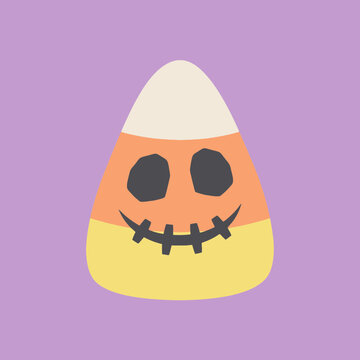 A cute candy corn character with a spooky face on purple