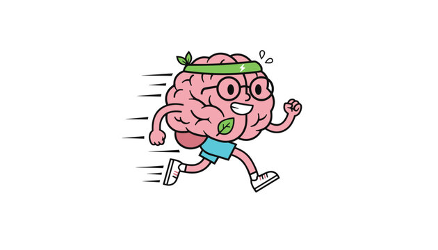Funny cartoon brain character wearing glasses and a green headband running fast to represent mental fitness.