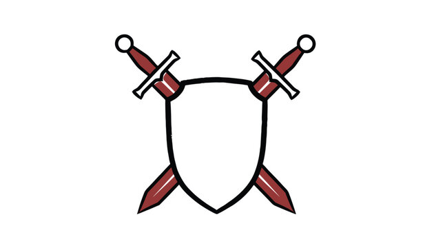 Medieval emblem featuring a blank white shield with two crossed swords behind it on a plain white background.