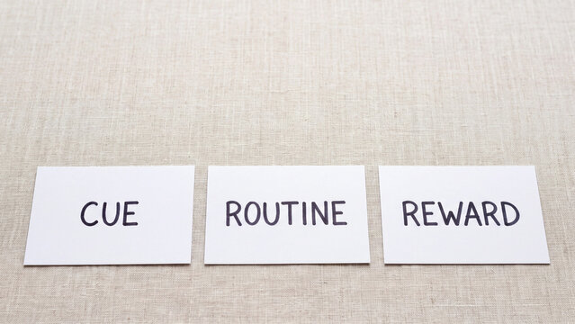 Habit loop concept of cue routine and reward for understanding behavior patterns triggers and motivation in psychology and personal development