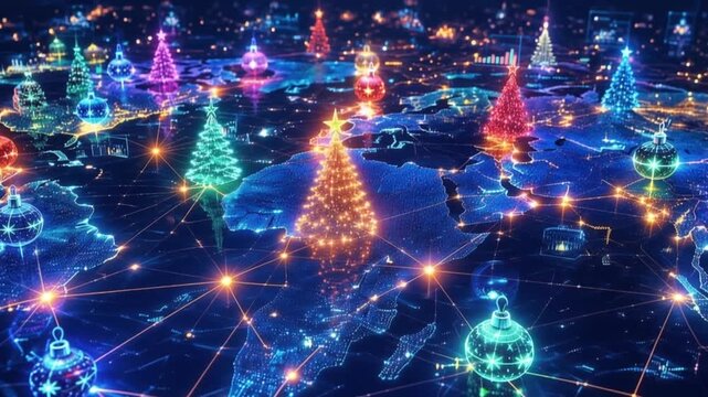 horizontal video of vibrant glowing Christmas ornaments and trees interconnected by neon data network in digital cyber art. cyber-modern Christmas and New Year celebrations.big data, analytics