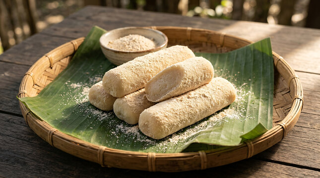 Traditional Filipino powdered rice cake rolls arranged on banana leaves inside a woven bamboo tray