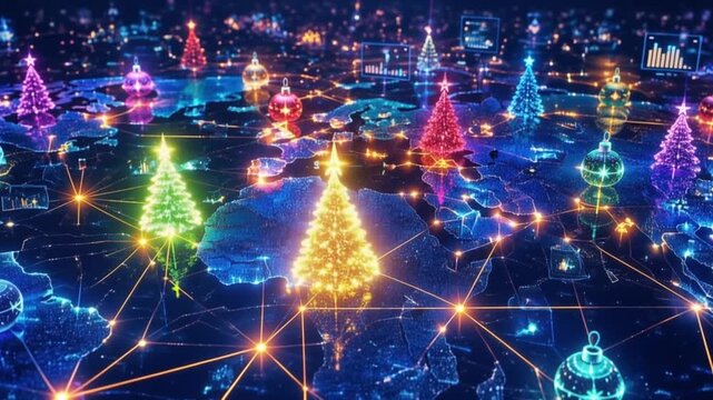  video of vibrant glowing Christmas ornaments and trees interconnected by neon data network in digital cyber art. cyber-modern Christmas and New Year celebrations.big data, analytics