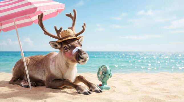Reindeer in straw hat with flushed pink cheeks and zinc sunscreen on nose resting on sandy beach under pink striped umbrella, mint green fan cooling it, turquoise sea