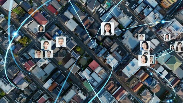 人々と都市ネットワーク。DX、SNS、未来、企業、データ、社会、家族、未来、住宅、システム、光通信