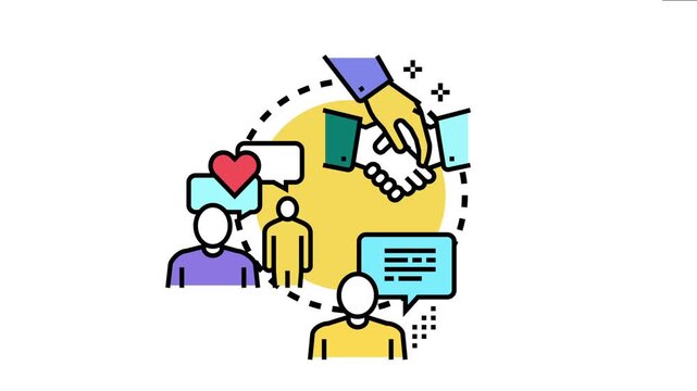 People are communicating in a group while two hands are shaking, symbolizing agreement, respect, and good manners in social or business settings