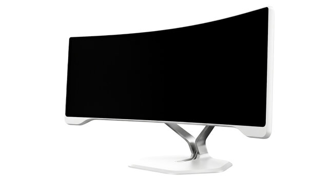 White Curved Computer Monitor with Blank Black Screen Isolated on Transparent Background
