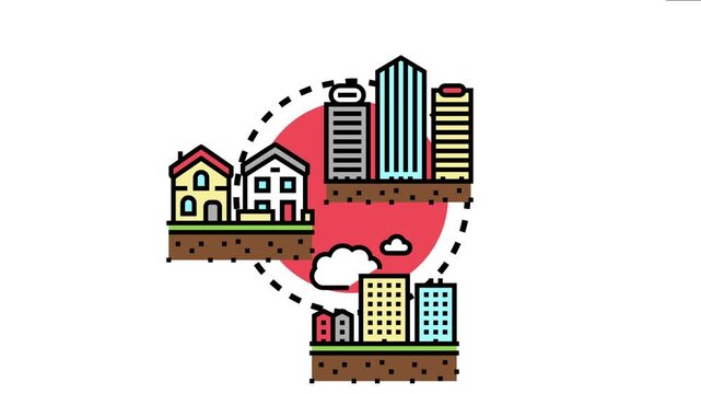Property boundary line dividing different types of real estate, showing residential houses, commercial buildings, and apartment blocks on distinct ground areas