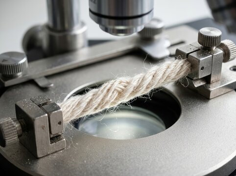 textile fiber microscope view Close-up of fiber sample being examined under a microscope in a lab setting