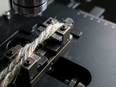 textile fiber microscope view Close-up of fiber optic cable being prepared under a microscope.