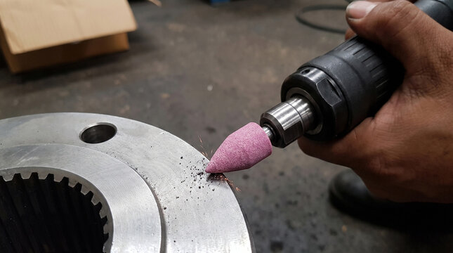 Worker hand grinding steel gear surface with abrasive stone bit power tool in industrial workshop