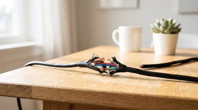 A close up view of a frayed and severed black electrical cord on a wooden table, depicting the concept of feeling completely unplugged from the modern world, underscoring the damaged cable